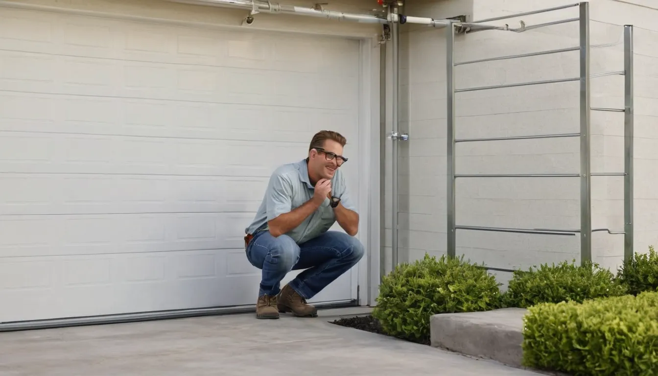 A local garage door provider checking a torsion spring above a residential garage door near Orlando
